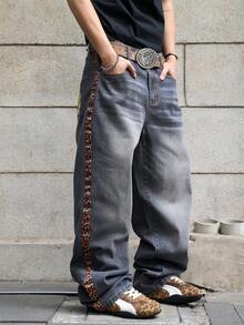 Manfinity EMRG Men's Animal Print Pocket Button Casual Versatile Commute Loose Fit Jeans - Light Grey - View 3