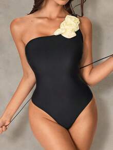 Shapewave Women's Black Summer Elegant One Piece Swimsuit,Holiday Beach One Shoulder Tummy Control Bathing Suit,Floral Halter Backless Ruffle Shapewear Swimwear - Multicolor - View 4