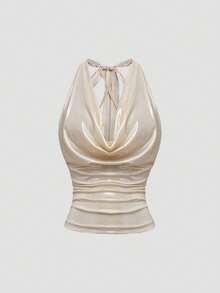 Modelyn Sexy Backless Draped Neck Glitter Draped Women Top - Champagne - View 4
