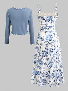 Girlism Tween Girls' Blue Knit Long Sleeve Cardigan & Floral Print Sleeveless Midi Dress 2-Piece Outfit, Spring/Summer - Blue and White - View 2