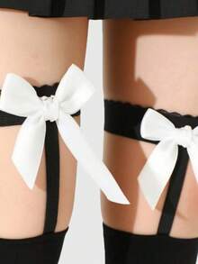 ROMWE Grunge Punk 1 Pair Gothic Punk Style White Bow Leg Garter & Black Thigh High Socks - Black 2 - View 2