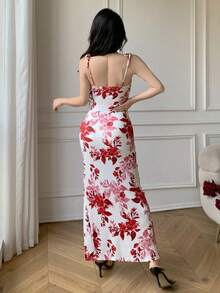 Celisse Đầm maxi dáng suông ôm sát, xẻ tà, in hoa dành cho nữ. - Đỏ - Xem 2