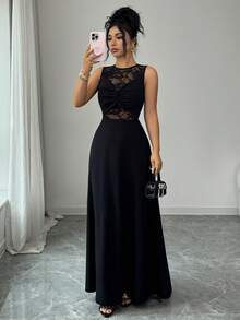 Elenzga Women's Elegant Romantic Sexy Party Lace Patchwork Round Neck Twist Waist Flowy Dress - Black - View 1