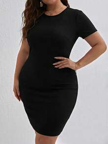 SHEIN Essnce Plus-Size Women's Spring/Summer Fashionable And Elegant Stretchy Comfortable Everyday Basic Versatile Slimming Black Short-Sleeved Mini Dress,Bodycon,Summer Outfits,Curve Dress,Minimalist Style Bodycon Dress Curve Fitted Dresses For Women Body Fitting Dress Body Hugging Dress High Quality Dress - Black - View 6