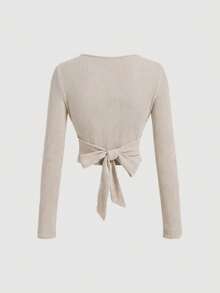 SHEIN MOD Women's Khaki Casual Brushed Ribbed Long Sleeve T-Shirt And Pants Set - Khaki - View 6