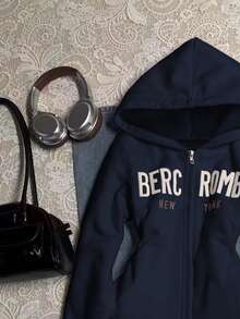 Glimmora Women's Letter Print Long Sleeve Zip Front Casual Sweatshirt - Navy Blue - View 4