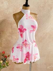 Soleia Women's Vacation Casual Floral Print Backless Halter Mini Dress - Pink - View 4