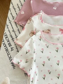 LMoss Kids 6件套女婴针织小熊和碎花圆领T恤和裤子睡衣套装 - 彩色 - 查看 3