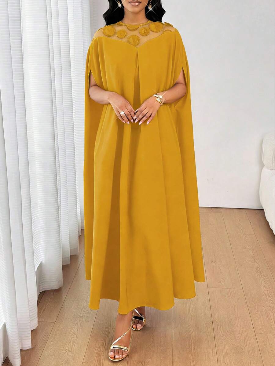 SHEIN Lady 女士时尚优雅网纱拼接连衣裙 - 黃色 - 查看 1