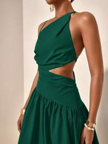 New Casual Vacation Asymmetric Hollow-Out Backless Criss-Cross Strap Dress ,Summer Dress - Dark Green - View 4