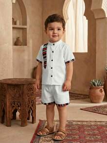 2pcs/Set Young Boy Casual Shirt + Shorts, Suitable For Summer - White - View 2
