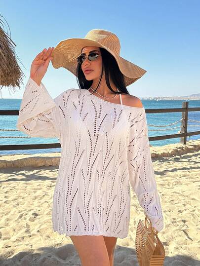 SHEIN Hollow Out Leaf Knit Long Sleeve Pullover Top Lightweight Breathable Resort Beachwear Summer Casual Boho Chic Sweater Women