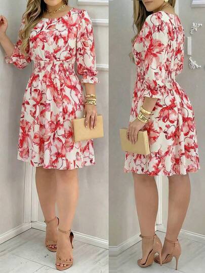 Vestido dama mujer estampado floral prenda estilo actual escote redondo estructura ligera hombros suaves mangas medias amplias corte entallado en busto vuelo inferior tipo péplum largo arriba de rodilla silueta femenina cómoda propuesta casual fresca uso diario salidas reuniones trabajo atemporal look moderno versátil