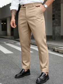 Manfinity Mode Men Plus Size Solid Color Slant Pocket Business Casual Suit Pants, Formal, Ceremony - Khaki - View 4