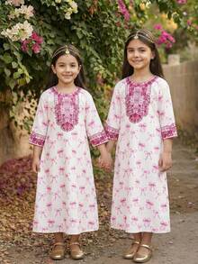 SHEIN Kid Girls White Autumn Fairy Party Dress,Young Girl Ditsy Floral Bow Decor Loose Butterfly Abaya,Comfortable Arabic Thobes For Wedding Birthday Events - White - View 7