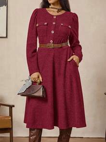 Zelara Elegant Formal Burgundy Autumn Vintage Coin Metal Button Embellished Plus Size Mid-Length Tweed Dress,Winter Classic Clothes For Women Outfit - Red - View 1