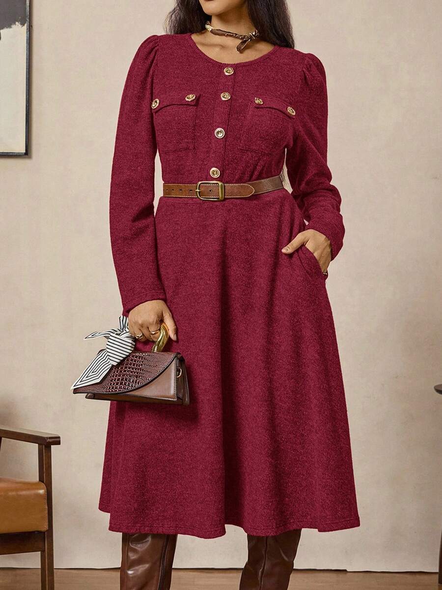 Zelara Elegant Formal Burgundy Autumn Vintage Coin Metal Button Embellished Plus Size Mid-Length Tweed Dress,Winter Classic Clothes For Women Outfit - Red - View 1