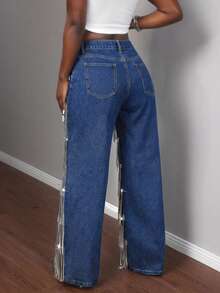 Slaydiva Jeans di moda decorati con paillettes multicolore e nappe - Blu lavato scuro - Visualizzare 6