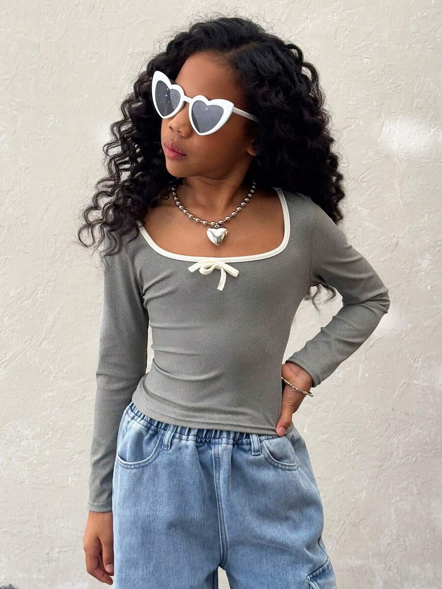 Coolane Kids 芭蕾舞风格蝴蝶结修身女士T恤 简约时尚休闲日常秋季少女服装 - 灰色 - 查看 1