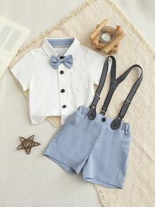 2pcs Baby Boy Gentleman Style Set,White Knit Collar Short Sleeve Shirt With Pocket & Bowknot,Elastic Waist Casual Bib Shorts,Elegant Summer Wedding - Multicolor - View 4