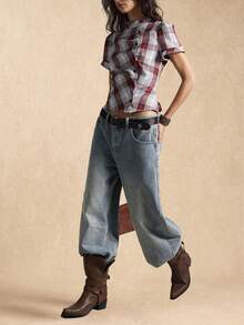 Easelle 复古休闲立领收腰格子女式衬衫 - 彩色 - 查看 3