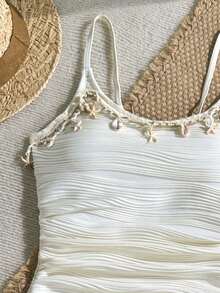 SHEIN Teen Girl Apricot Knit Jacquard Starfish Trim Camisole Jumpsuit With Cover-Up And Mini Skirt 2 Pieces Set - Apricot - View 6