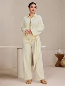 Graceveil Ensemble 2 pièces femme composé d'une chemise à manches longues à boutons avec patchs pailletés et épaules tombantes, et d'un pantalon large