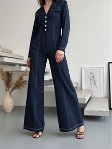 Modelyn Women's Front Button Long Sleeve Jumpsuit, Navy Blue - Blue - View 3