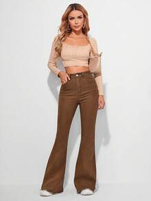 EMERY ROSE Quần jeans nữ ống loe rách gấu kiểu vintage - màu nâu - Xem 2