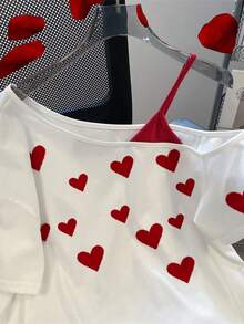 GlowEve Women's Casual Heart Print Asymmetric Neck T-Shirt, Summer - White - View 5