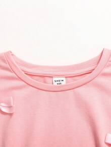 SHEIN Bộ đồ cho bé gái tuổi teen, kiểu dáng rộng rãi, tối giản, thoải mái, cổ tròn, tay ngắn, vai rớt, gồm áo và quần. - Hồng - Xem 4