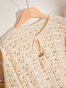 CosyJoli Plus Size Elegant French Hollow-Out Casual Loose Vacation Loose Knit Top, Spring/Summer - Beige - View 5