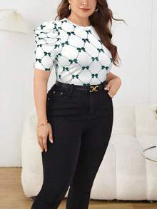 SHEIN Privé Plus Size Women's Bow Print Round Neck Short Puff Sleeve Casual T-Shirt, Going Out Tops - Green - View 3