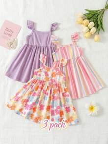 SHEIN Playful Pals 3件装女婴可爱休闲夏季碎花多色条纹纯色紫色粉色荷叶边吊带无袖背心连衣裙套装，柔软弹力，适合幼儿、婴儿沙滩度假派对穿着。女婴服装多件装，女婴连衣裙套装，3件独立半配套女婴连衣裙，1岁女童服装3件装。 - 彩色 - 查看 7