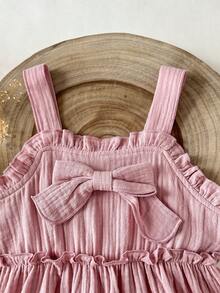 SHEIN Young Girl' Sweet Cute Pink Spaghetti Strap Ruffle Bow A-Line Cake Dress, Suitable For Spring/Summer Parties, Outings, Daily Wear - Pink - View 5