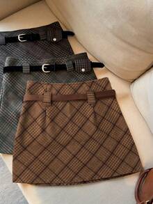 Franclia French Retro Plaid Woolen High Waist A-Line Skirt - Brown - View 2