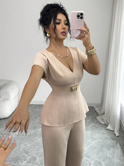 Siren Gaze 2点セット レディース エレガントなVネック 半袖ブラウス とパンツ、メタルバックル付ベルト装飾、オフィス/仕事用アウトフィット