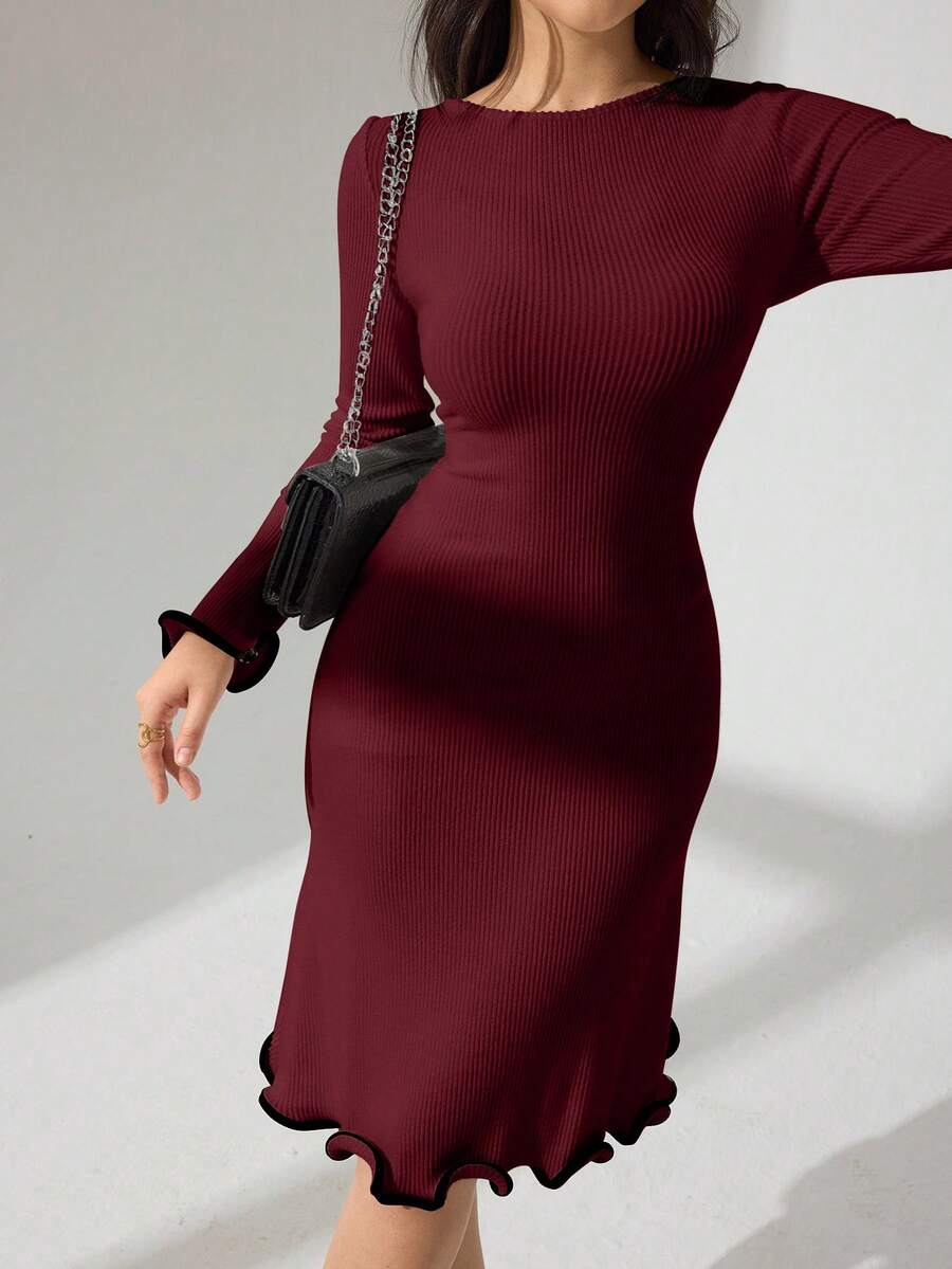 Modelyn 秋冬性感荷叶边下摆罗纹针织长袖修身连衣裙 - 酒紅色 - 查看 1