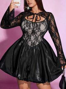 Viva Relle Plus Size Elegant Lace Patchwork Tie-Up Dress - Black - View 1