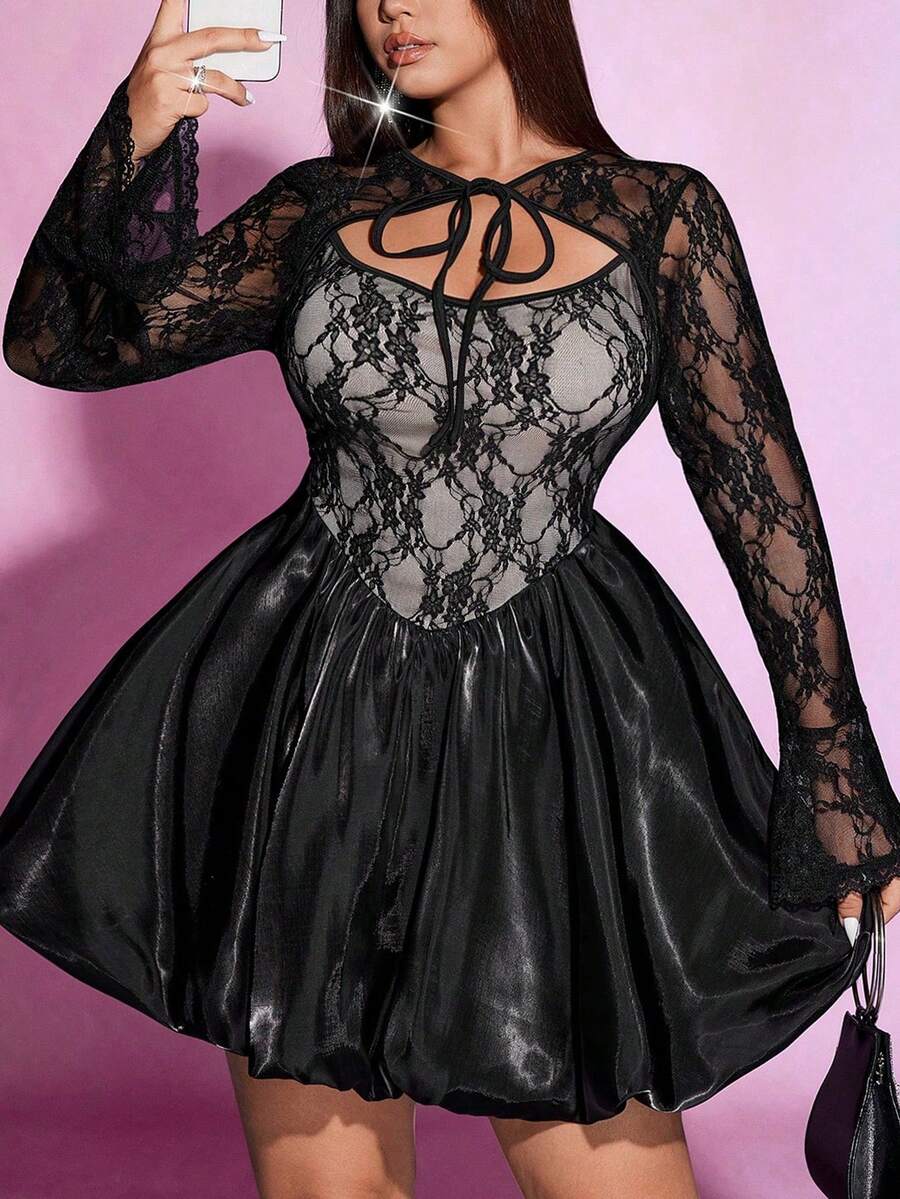Viva Relle Plus Size Elegant Lace Patchwork Tie-Up Dress - Black - View 1