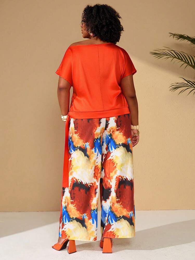 Plus Size Women Vacation Solid Color Asymmetric-Shoulder Short Sleeve Shirt And Tie-Dye Wide Leg Pants Casual 2-Piece Set/Summer Summer Outfits Summer Clothes  Spring  Spring Outfit Women Spring Clothes Beach Vacation Outfits For Women Bohemian Plus Size Summer Sets Plus Size Pants Set