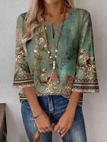 EMERY ROSE Plus Size Bohemian Floral Print Shirt, Suitable For Vacation Carnival - Multicolor - View 4