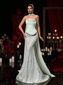 Glamrae 优雅奢华的钻石珍珠亮片花卉网纱拼接弹力针织美人鱼裙，配有垂坠雪纺荷叶边，适合婚礼、派对、舞会、度假、宴会等场合。 - 綠色 - 查看 5