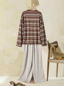 Rusticease 两件套女士休闲针织纹理长袖上衣和裤子套装 - 彩色 - 查看 6