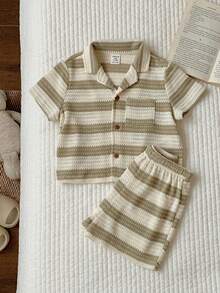 SHEIN 2件套男女宝宝夏季度假休闲条纹短袖polo衫和短裤套装 - 彩色 - 查看 6