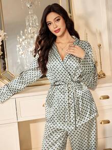 LuxeNights Women's Elegant Geometric All-Over Print Collar Tie Long Sleeve Pajama Set - Multicolor - View 7