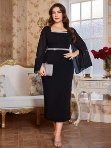 Reflora Đầm ôm dáng thanh lịch dành cho nữ cỡ lớn, cổ vuông, tay xẻ, đính ngọc trai giả, thích hợp cho tiệc tùng và hẹn hò. - màu đen - Xem 5