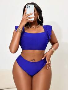 Slaydiva Plus Size Solid Color Swimsuit Set - Royal Blue - View 5