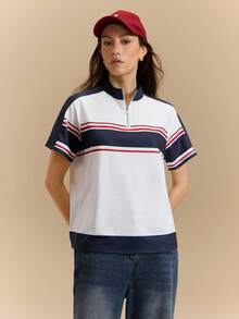 Hanevo Áo thun nữ cổ tròn kẻ sọc, khóa kéo kim loại ở vai, kiểu dáng thường ngày, đa năng cho đi làm, thích hợp cho mùa xuân/hè. - Nhiều màu - Xem 6