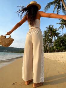 Nevyona Women's Drawstring Elastic Waist Lace Trim Loose Wide Leg Pants, Beige Boho Beach Holiday Autumn Casual Vacation Cream Pants - Apricot - View 2